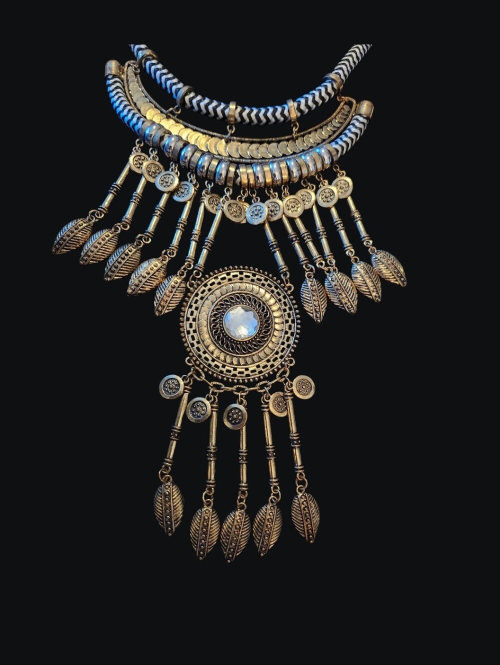 African Tribal Style Gold-Tone Statement Feather & Shield Necklace Vintage